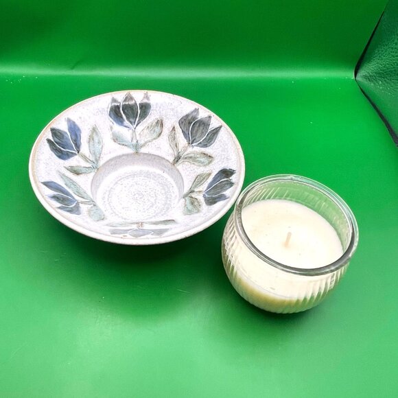 VTG Signed Studio Pottery Candle Dish 2000 Blue Floral Hand Painted Stoneware - Picture 2 of 11